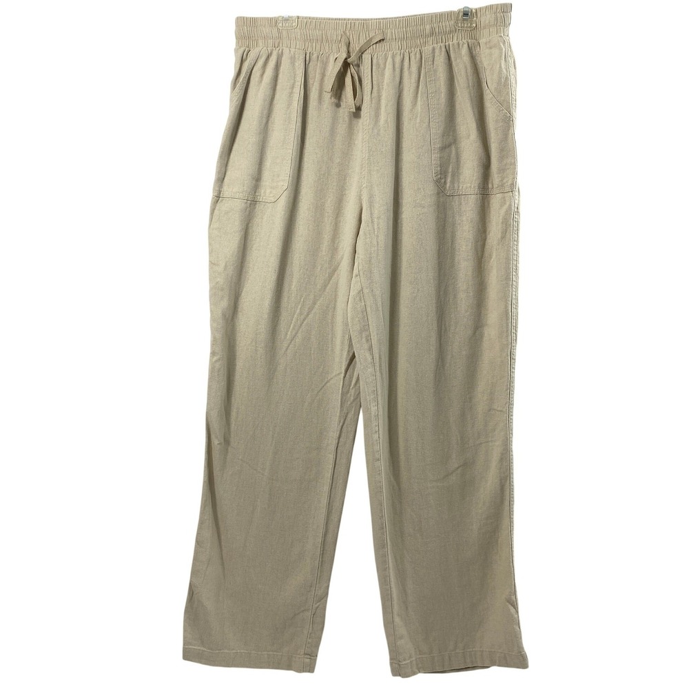 Cato Pants Women L Beige Linen Blend Coastal Pull On Straight Leg Neutral Earthy